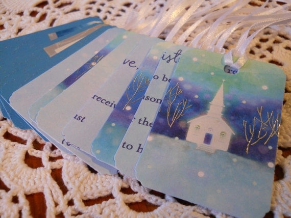 Christmas Gift Tags Upcycled Party Favor Tag Blue Winter Church Set of 12