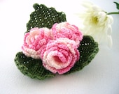 Crochet  Brooch -  Corsage Brooch Pin - Romantic Pink Roses Shabby Chic Roses