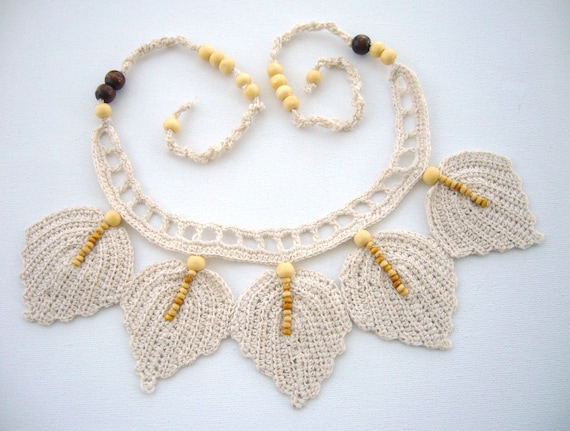 Hand Crochet Natural Linen  Necklace Choker Leaves
