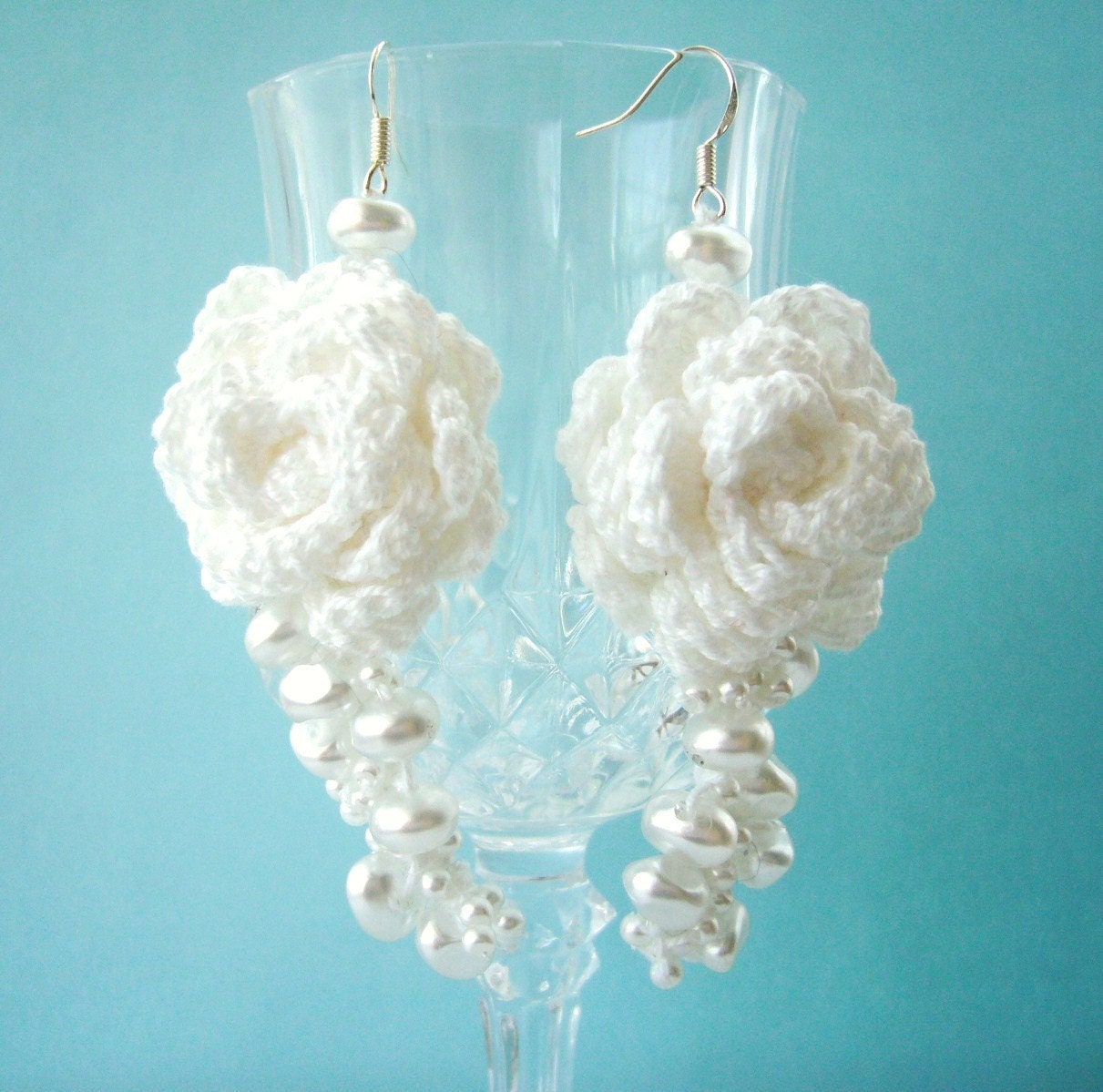 Crochet Earrings - White Earrings - Dangle Earrings - Roses