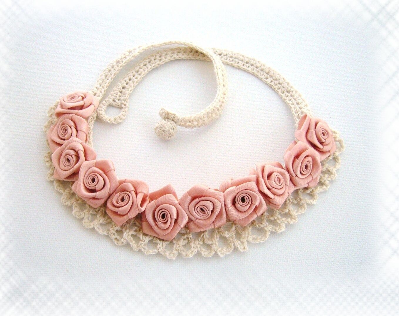 Hand Crochet Natural Linen and Satin Ribbon Roses Necklace Choker