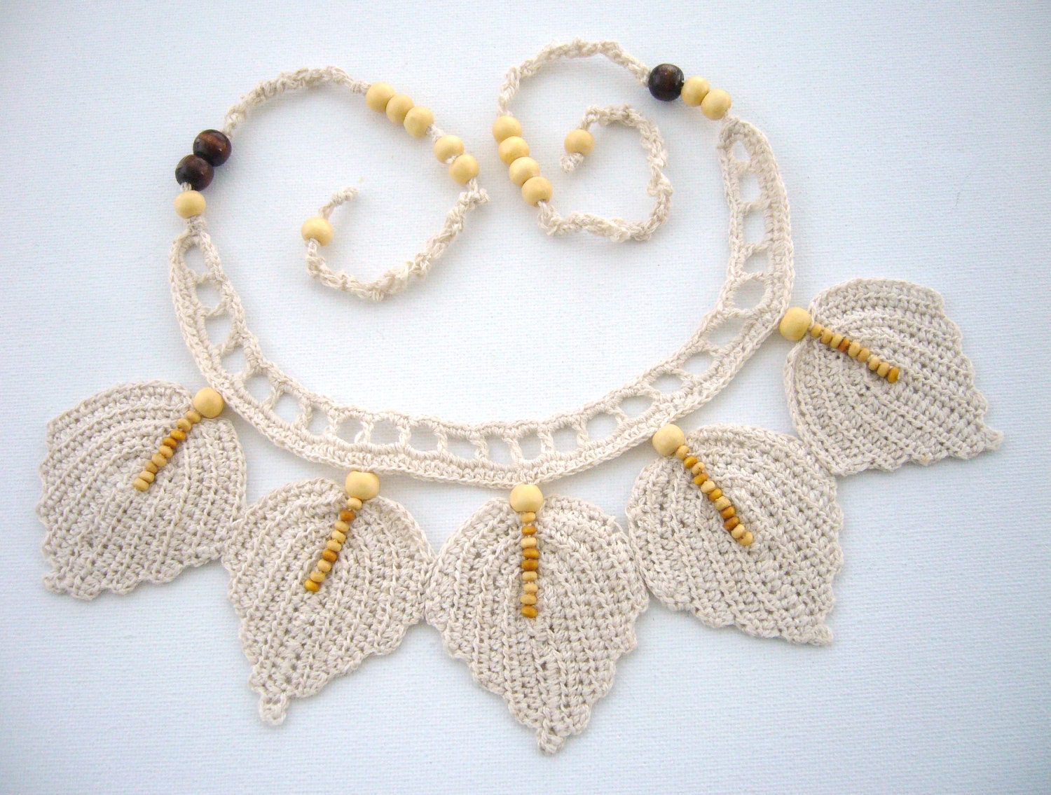 Hand Crochet Natural Linen Necklace Choker Leaves