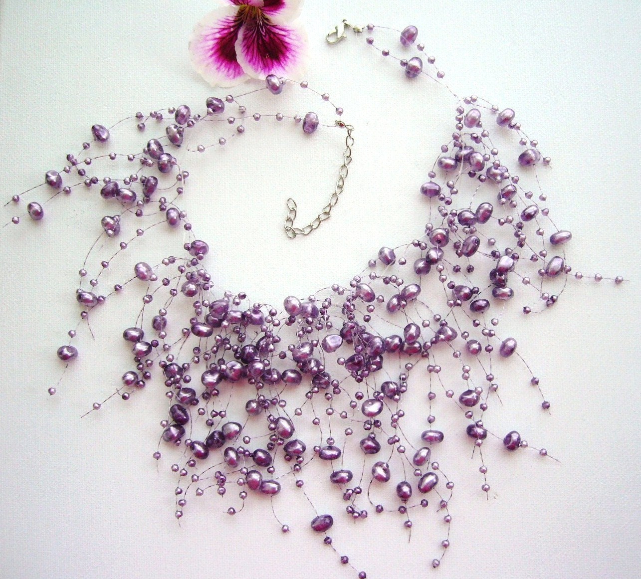 Handmade Fashion Jewelry Profiled Faux Pearl Floating Purple Necklace and Earrings Set