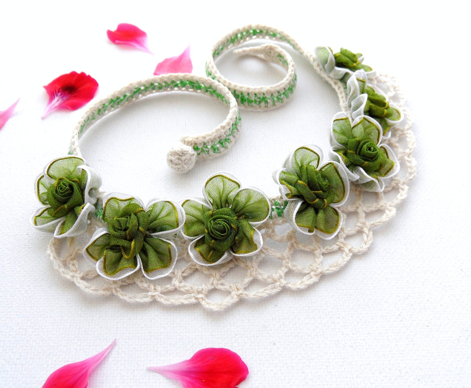 Crochet Necklace - Natural Linen and Organza Ribbon Olive Flowers Necklace Choker