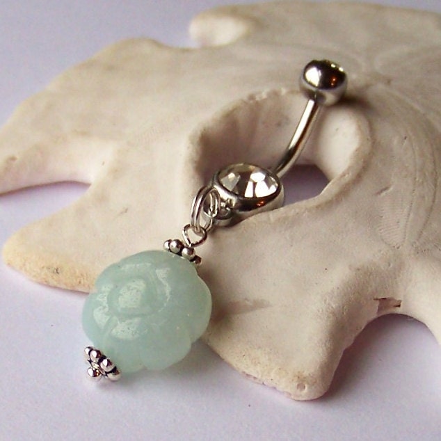 Sterling Silver Belly Button Ring - Piercing - Curved Barbell - Navel Piercing - Amazonite Flower Drop - Genuine Gemstone