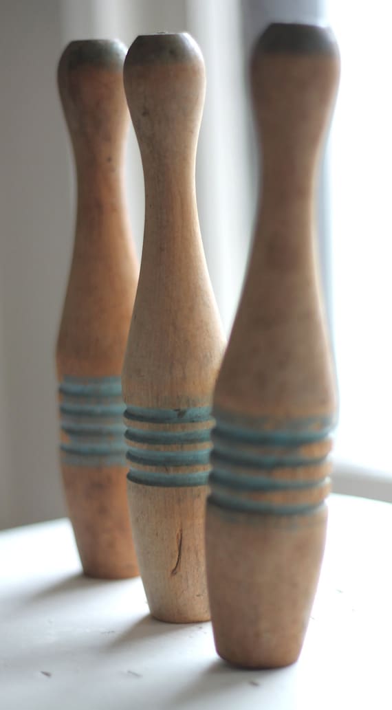 Blue Stripe Wooden Bowling Pins