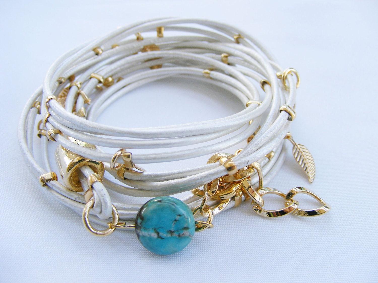 White Leather-Wrap Bracelet Multi-Strands with Gold plated Leaf Charms & turquoise stone