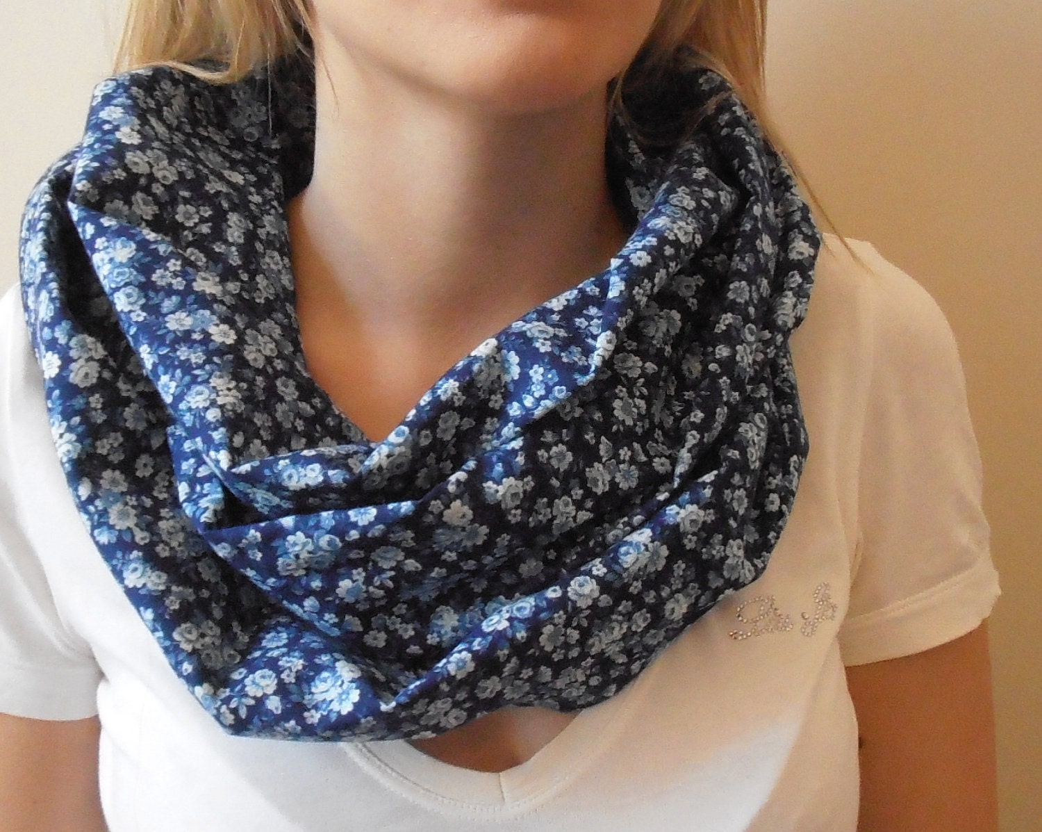 Cotton infinity scarf in Blue with Small White Roses