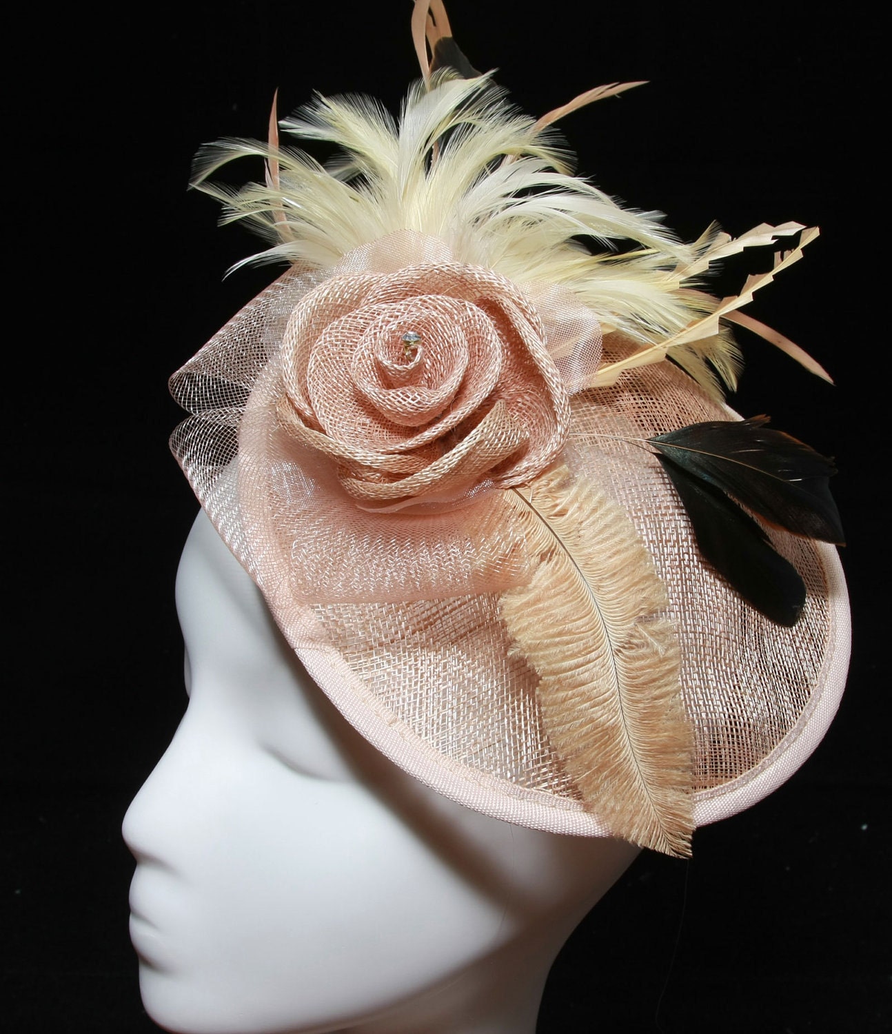 Wedding Bridal Fascinator - Burlap Accents Feather Flower rhinestone Headpiece Hair Comb Cap