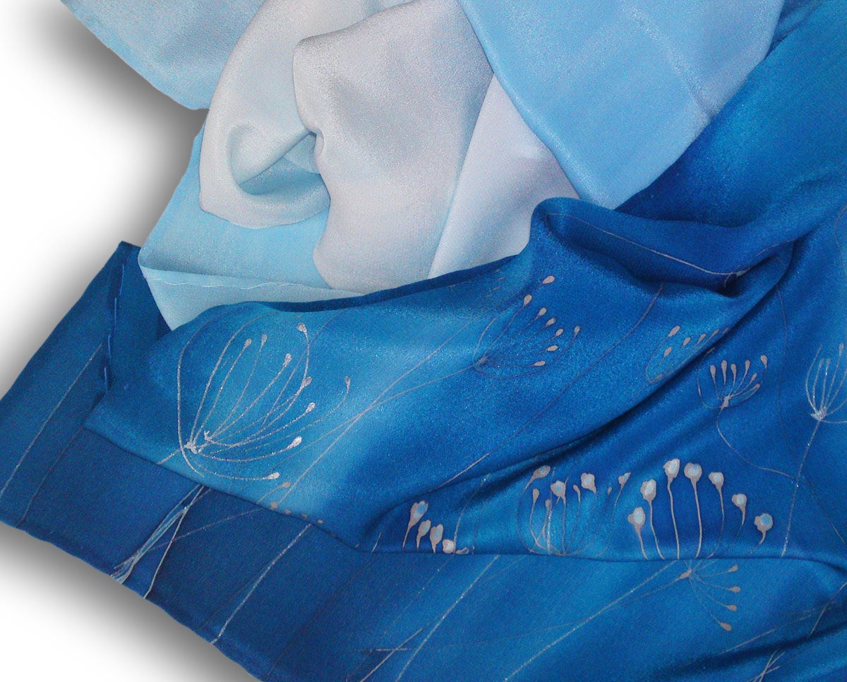 Hand painted silk scarf with flowers frozen in shades of blue. Azure, Sapphire, Light Blue, Cobalt Blue. - SilkAgathe