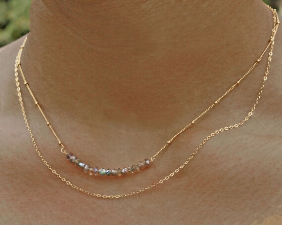 SALE Boli Shah: Labradorite and gold necklace, 2 gold fill chains necklace with a bar of labradorite rondelles