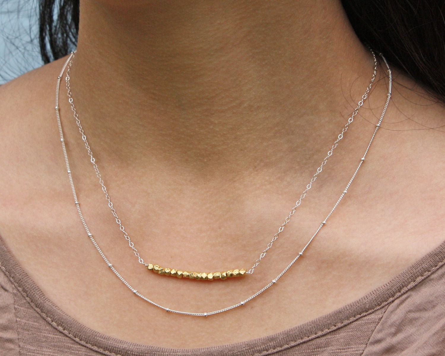 SALE Boli Shah: Labradorite and gold necklace, 2 gold fill chains necklace with a bar of labradorite rondelles