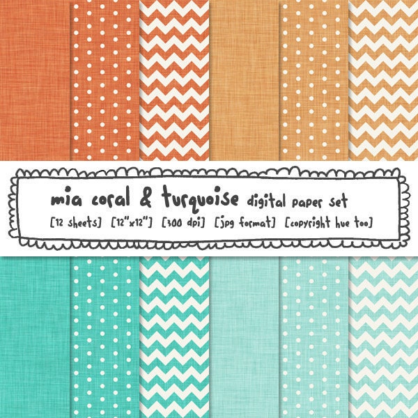 digital paper coral and turquoise blue, linen texture backgrounds, chevron stripe polka dots, instant download - 361