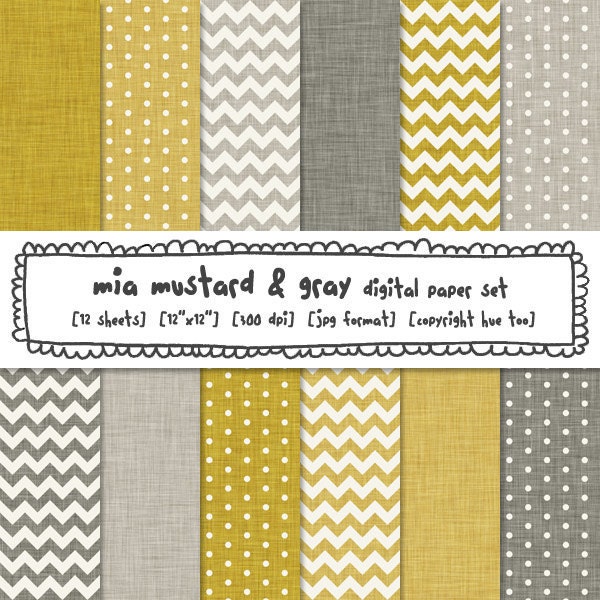digital paper mustard and gray, linen texture, chevrons, polka dots, photography backgrounds, instant download - 334