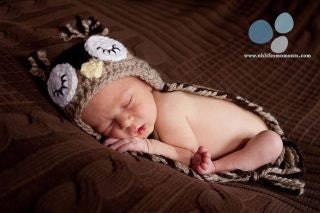 Crochet Baby Boy Sleepy Owl Hat Photo Prop with Ear Flaps. Newborn Size 3-6 mos. Hoot, Hoot.