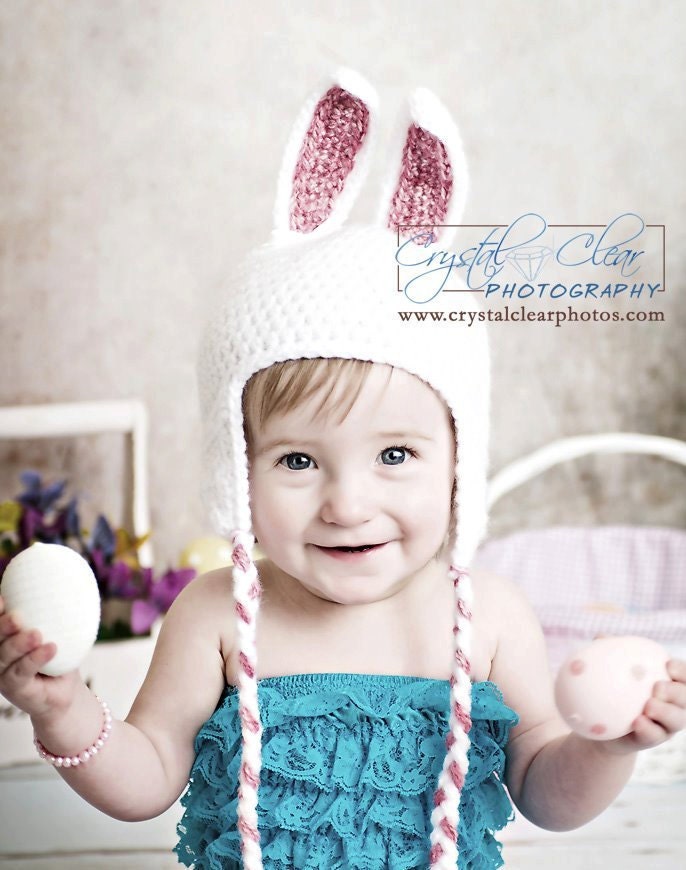 Crochet White Baby Girl Easter Bunny Rabbit Ear Flap Spring Hat Infant Newborn Costume