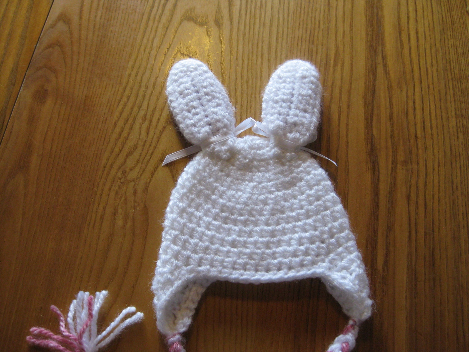 Crochet White Baby Girl Easter Bunny Rabbit Ear Flap Spring Hat Infant Newborn Costume