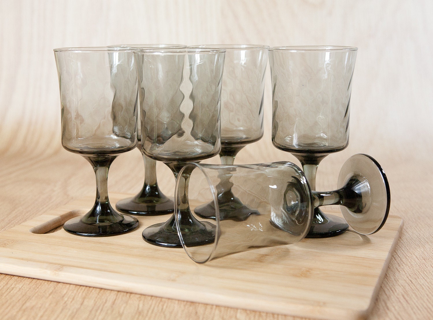 Smokey Black Glass Wine, Beverage Glasses w/ ribbed swirl pattern (Set of 6)