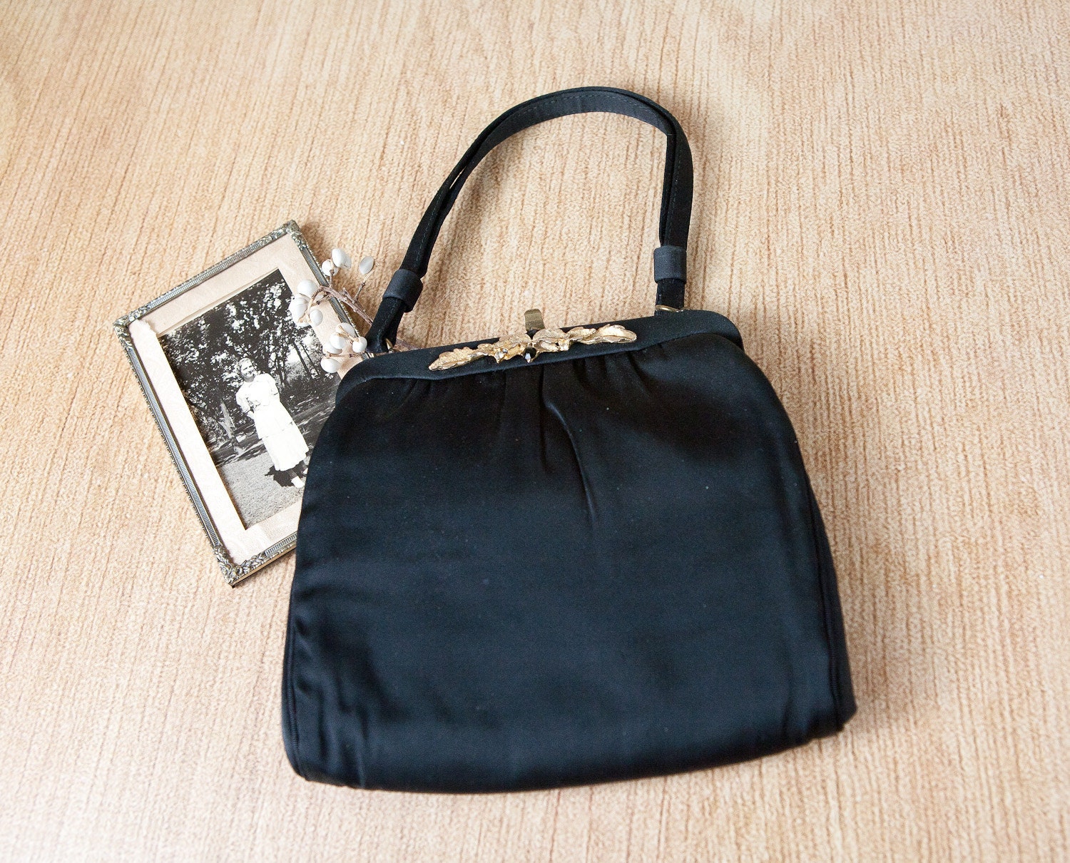1940s Black Faille Purse w/ Gold Tone Embellishment & Clasp, Satin Lining
