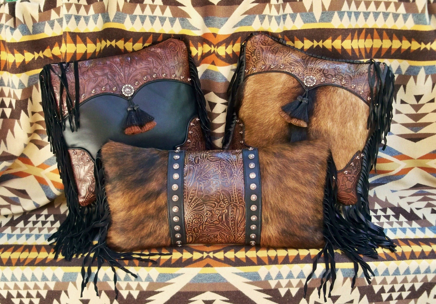 Leather fur pillow home decor Western by stargazermercantile