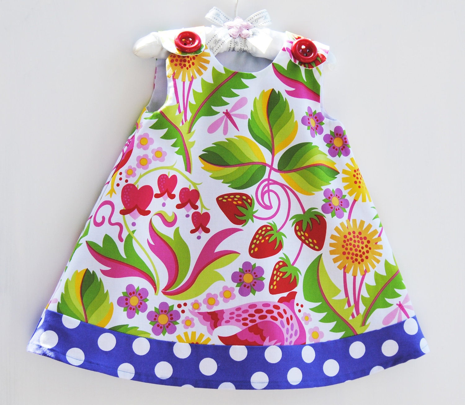 Strawberry Serenade Bright Birds Butterfly Heart - Handmade Infant Dress - Baby Dress - Girls Dress - Spring Girls Dress - 3M to 4T