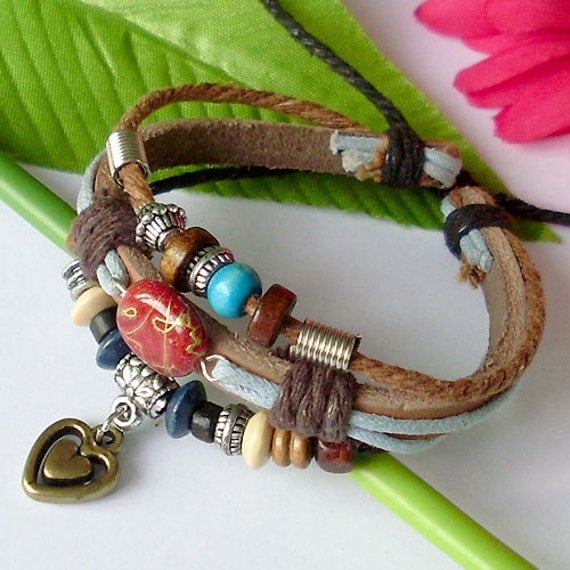 Genuine Hemp Leather Bracelet Wristband With Beautiful Turquoise Beads and Heart Pendant