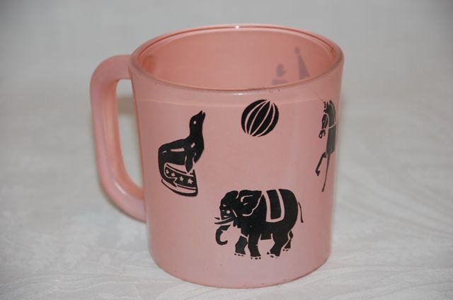 Vintage child's circus mug pink and black clown, seal, elephant and pony