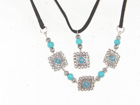 Southwestern Leather, Silver & Turquoise Beaded Necklace Set, for Cowgirls of All Ages, Country Chic