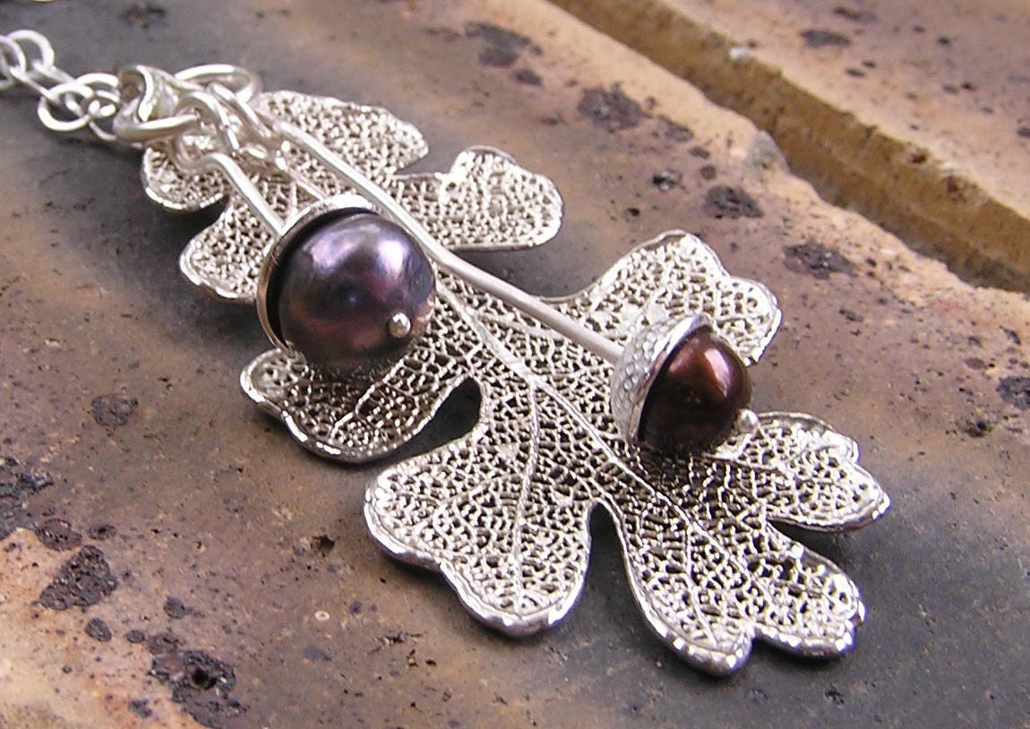 On SALE THIS WEEK only: Sterling silver oak leaf necklace with freshwater pearls