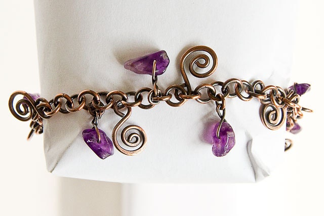 Copper Bracelet Charm Bracelet Celtic Spirals Amethyst Charms Antiqued Copper 7.5" Bracelet