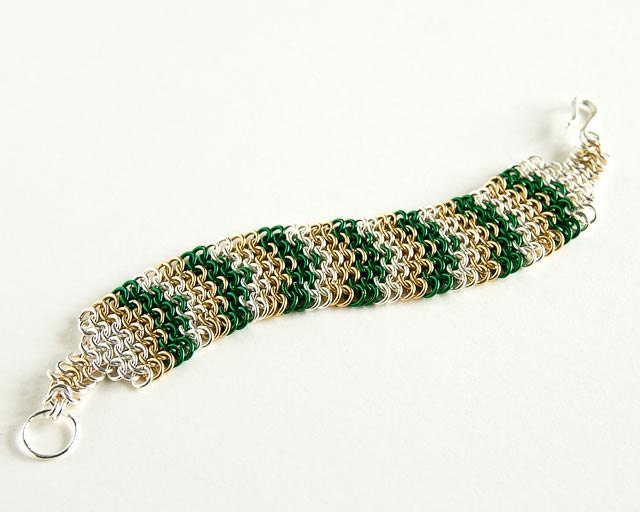 Colourful Chainmaille Bracelet Green Brass Silver Chevron Pattern European 4 in 1 - 7 1/2" Chain Maille Mail Bracelet