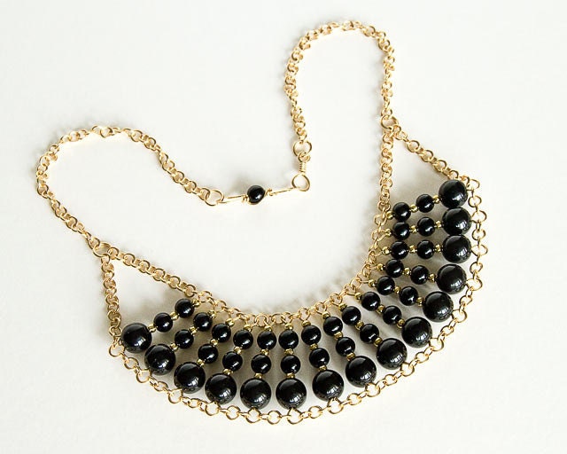 Brass Black Necklace Beaded Brass Wire Necklace Upcycled Black Gold Beads 18" Necklace - Spoon37
