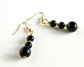 Brass Earrings Black Gold Beads Brass Wire Long Earrings Upcycled Black Round Beads Gold Seed Beads Gilt Plated Findings