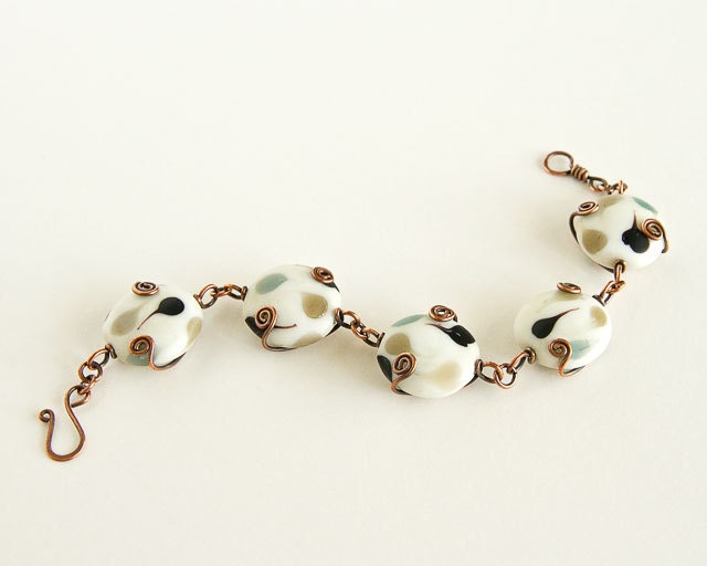Copper Bracelet Black and White Lampwork Beads Large Beads Chunky Bracelet Antiqued Copper Celtic Spirals