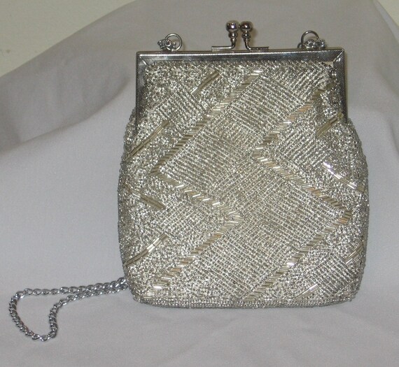 Silver Beaded Evening Bag Vintage Purse Hand by myoddbits