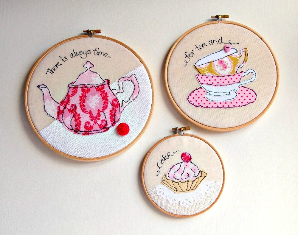 Pink teapot, teacups, cake trio of freestyle embroidery hoop art