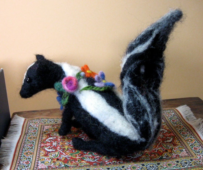 Skunk - handmade doll with flower garland - rose scented, black and white wool