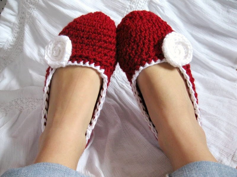 Cozy Ruby Red and White Crocheted Women's Slippers- house shoes