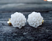 White Dahlia Clip on Earrings
