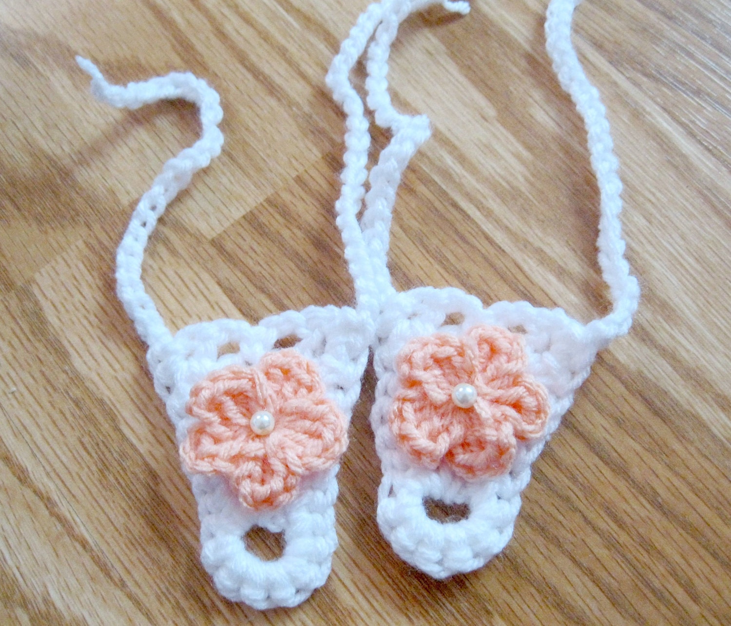 White and Peach Crochet Baby Girl Barefoot Sandals