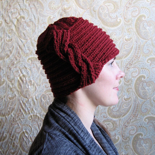 Red Wool Knit Hat with Side Braid Detail - KnitPurlSquirrel