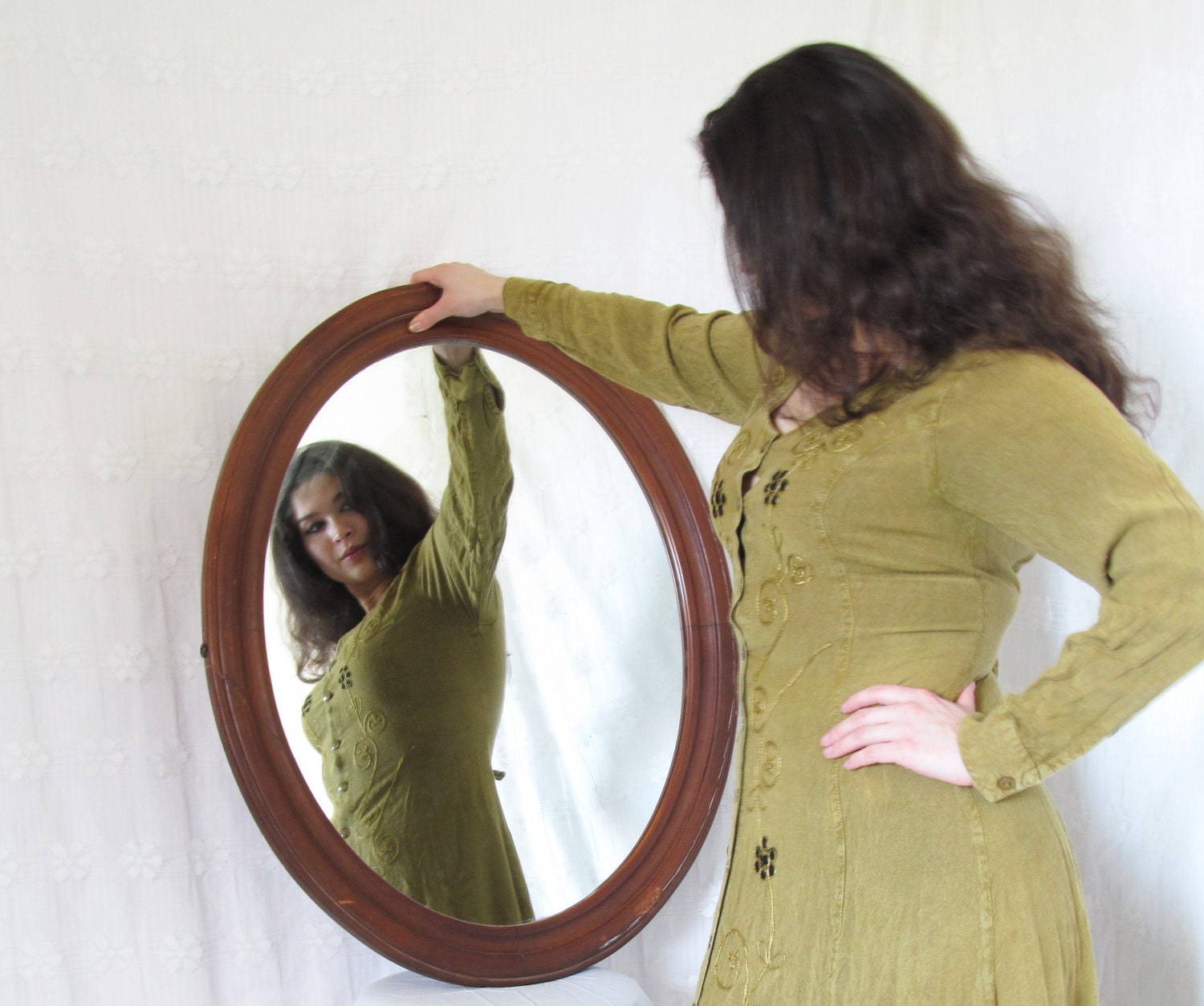 MOVING SALE///Late 1980's Vintage full length long sleeve olive button up embroidered hippie dress.