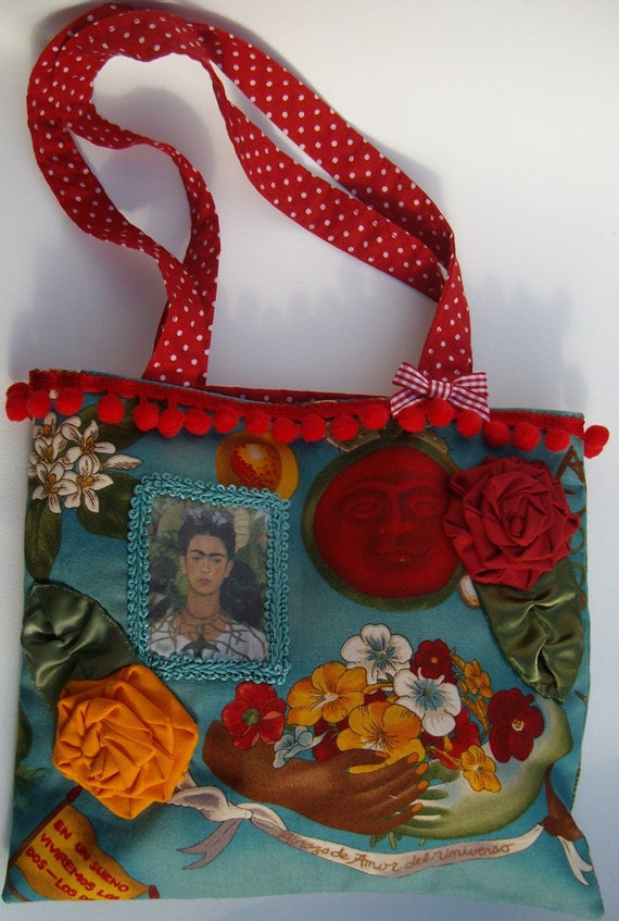 Frida Kahlo jade tote bag in Mexican print with framed portrait ... Frida Kahlo jade tote bag in Mexican print with framed portrait ...
