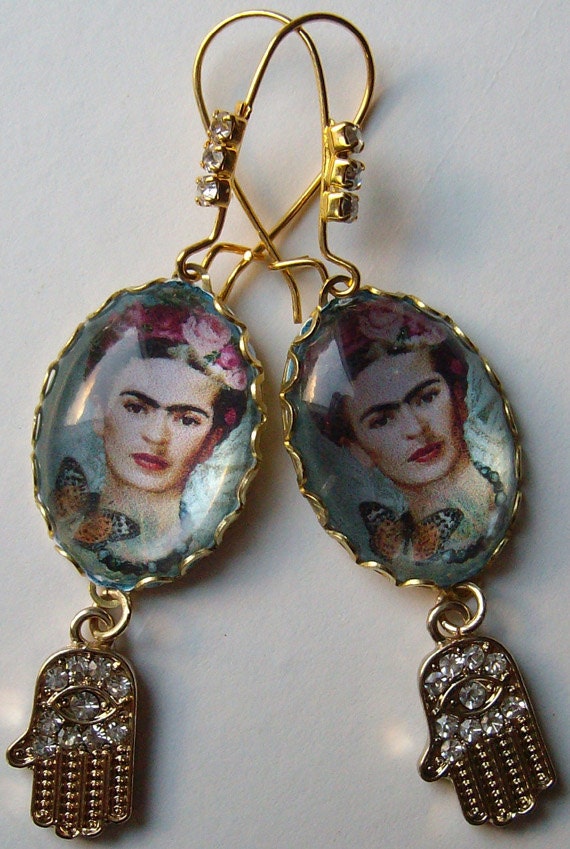 Frida Kahlo earrings with portrait cabochon in filigree frame and Hamsa Hand of Fatima for protection