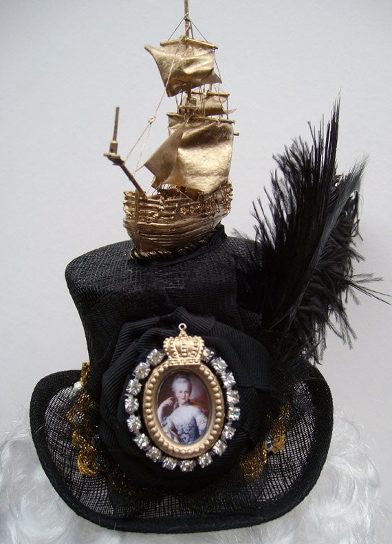 Marie Antoinette mini top hat headpiece fascintaor with ship, vintage braid, jewels and ostrich feathers fab for Goth Bride Halloween