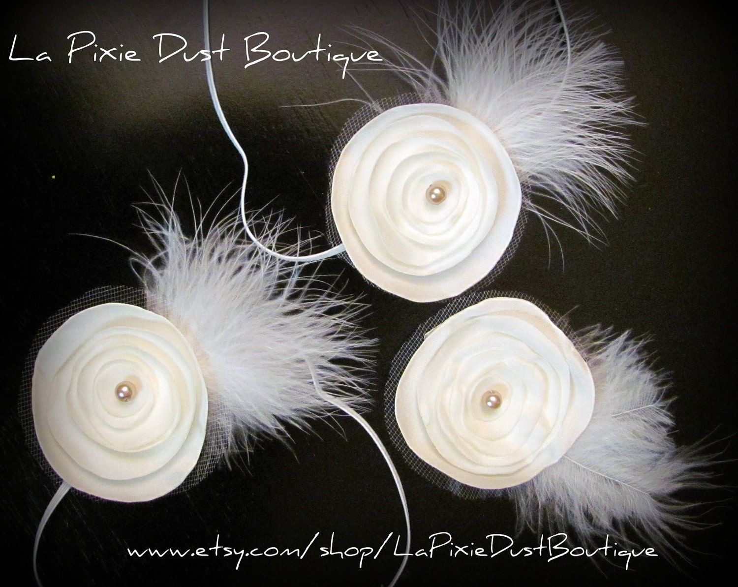 Wedding/Bridal/Flower girl accessory-Ivory Satin Posie with ivory pearl and feather