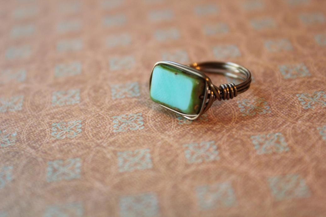 Turquoise Picasso Czech Glass Wire-Wrapped Ring