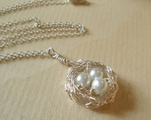Nest Necklace,Pearl Bird Nest Necklace Wire Wrapped Sterling Silver Chain Mom Necklace