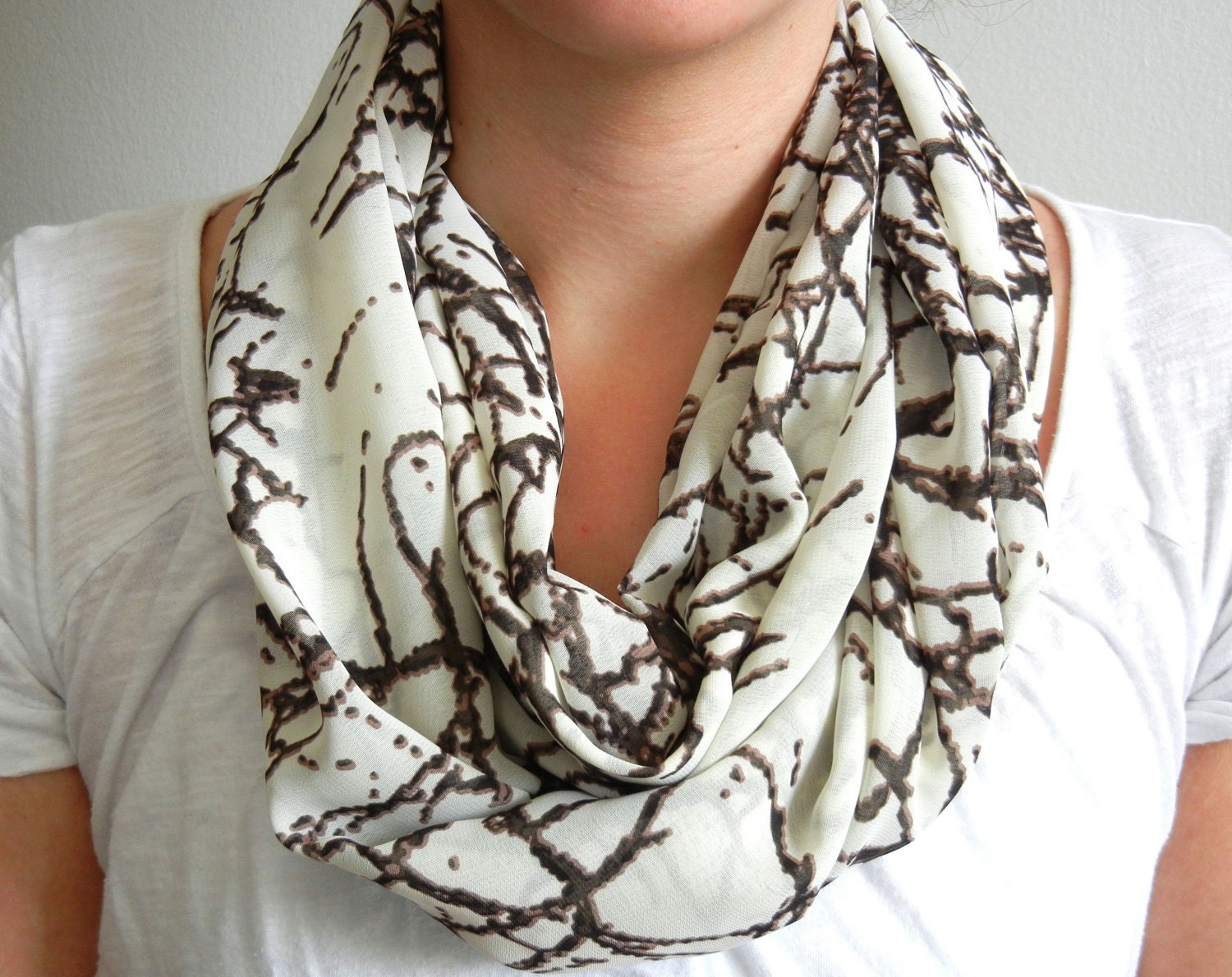 Cream and Brown Twig Print Infinity Scarf