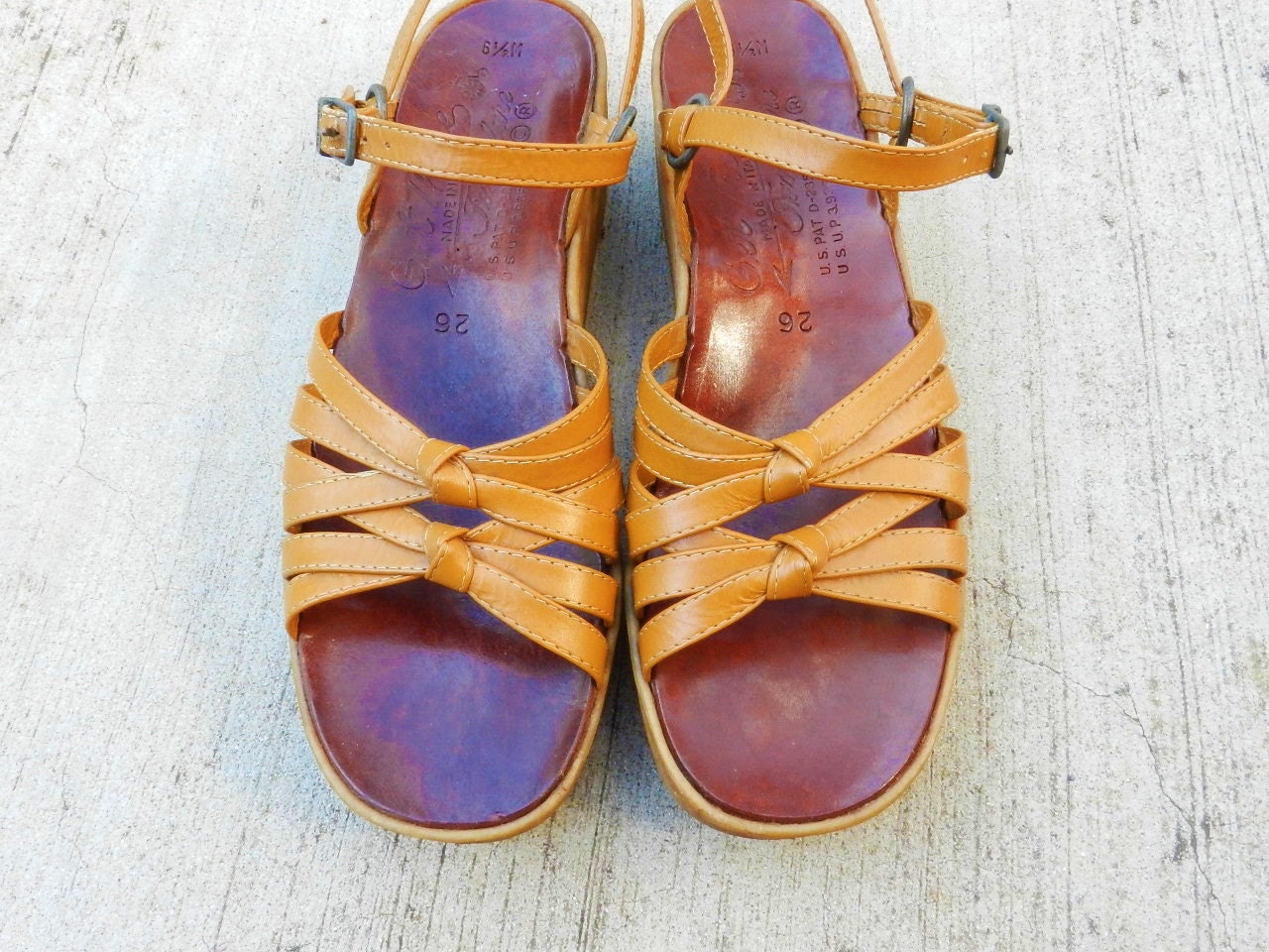 70's FAMOLARE SANDALS - Camel Brown / Strappy / Low Wedge / Boho / Hippie / Size 6.5